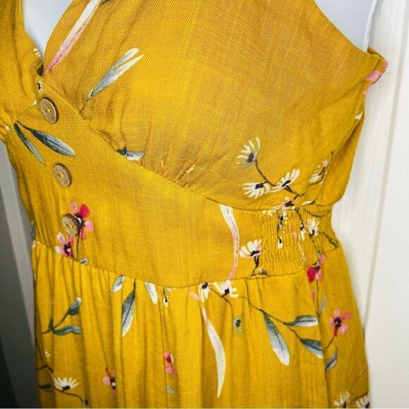 One Clothing Los Angeles Button Front Smocked Floral Midi Dress Mustard Yellow S - Picture 4 of 11